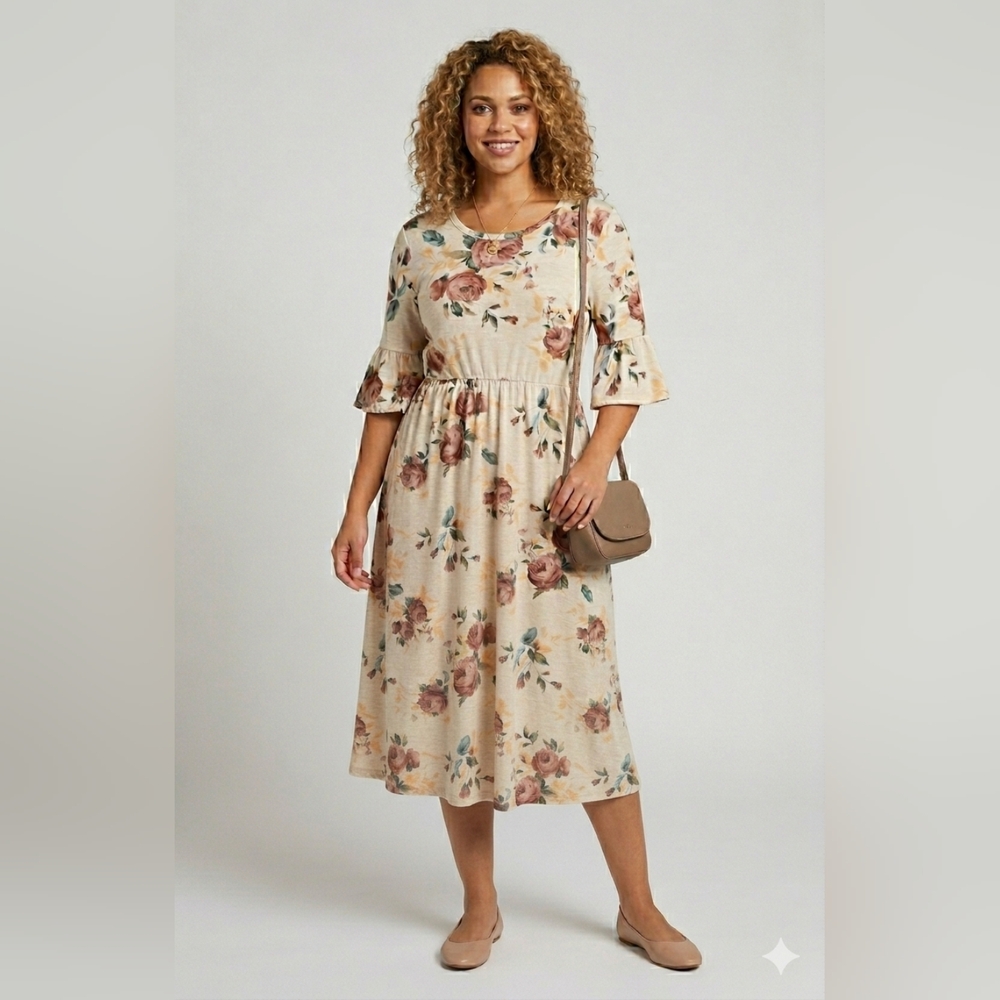 🌹Promesa Beige Floral Midi Dress with Rose Motif And Bell Sleeves